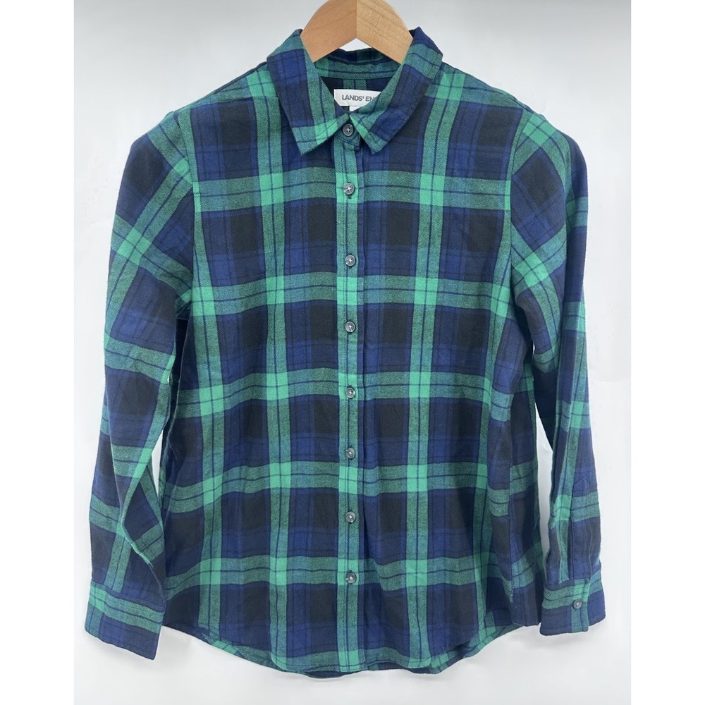 Lands End Womens Small P Blue Plaid Flannel Button Down Shirt Long Sleeve